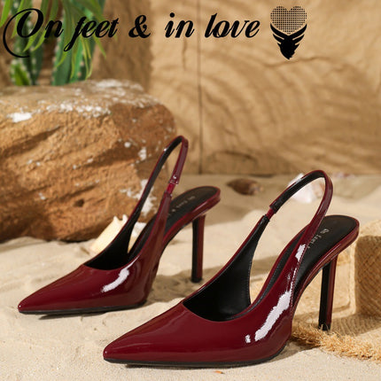 Summer New Fashion Casual European and American Burgundy Pointed Toe High-Heeled Shoes Shallow Mouth Toe Simple Back Hollow Shoes for Women