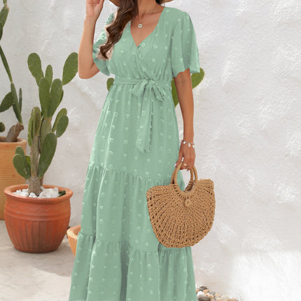 Cross-Border V-Neck High-Waist Strappy Dress Fur Ball Long Short-Sleeved Dress Vacation Travel Dress