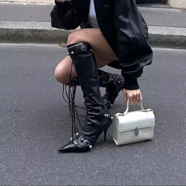 European and American New Pointed Thin Heel Metal Rivet Motorcycle Catwalk Women's Boots Belt Buckle Tassel plus size Knight Fashion Boots