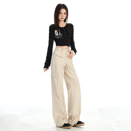 2026 Autumn American Retro Style Adjustable Waist Multi-Pocket Patchwork Design Loose Straight-Leg Casual Pants for Women