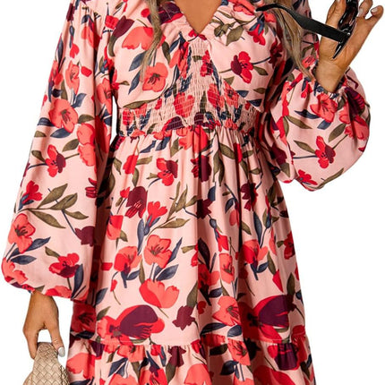 2025 Bohemian Floral V-Neck Long Sleeve Pleated Waist Casual A- Line Skirt with Swing Mini dress