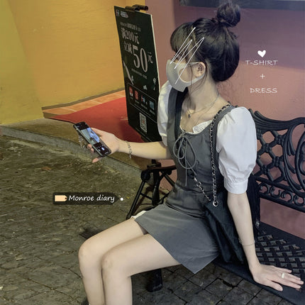 Fake Two-Piece Dress 2026 Spring/Summer New Style Gray Patchwork Slim-Fit Short-Sleeve Design Trendy Short Dress