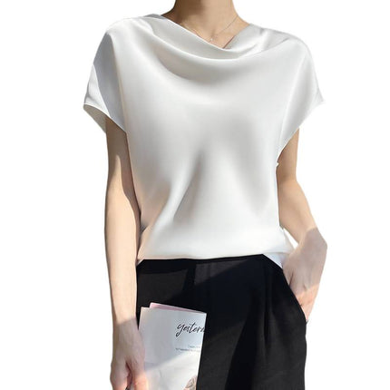 Silk Satin 2025 Spring and Summer New Short Women's French Collar Elegant T-Shirt Simple Short-Sleeved Large Size Top