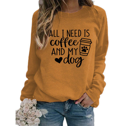 Foreign trade supply all I need is coffee printed crew neck top sweater European size ladies coat long sleeve