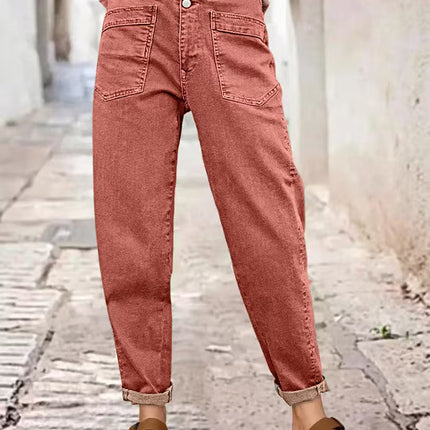 Cross-Border Amazon European and American Elastic Mid-Waist Straight Jeans Green Button Design Diagonal Pocket All-Season Jeans