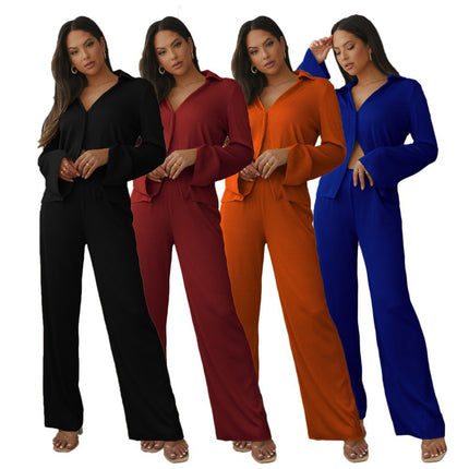 9905 Cross-border Europe and America Amazon V-neck Knitted Shirt Casual Women's Straight Pants Autumn and Winter Commuter Two-piece Set