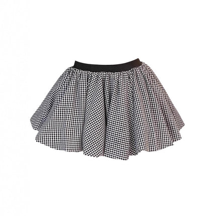 French-Style Color-Blocking Floral Bud Skirt for Women, Summer Petite Gray Plaid Short Skirt, Anti-Exposure A-Line Puffy Skirt