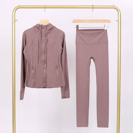 Lulu Df Stamped Hooded Jacket and Cropped Pants Set, Tight-Fitting Stretch Jacket with Gold Zipper, Fitness Yoga Outfit