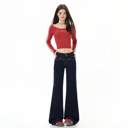 American-Style Front Pocket Flared Jeans for Women, 2025 Autumn and Winter New Low-Waist Loose Slimming Horse Hoof Flared Pants