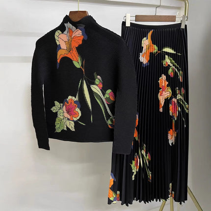 High-grade Pleated Two-piece Set Small Fresh Trumpet Flower Long-sleeved Top Pleated Skirt French Sweet Cross-border Spring Women's Clothing