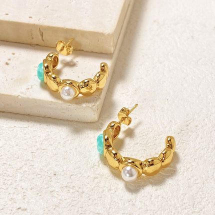 C-Shaped Pearl and Agate Stud Earrings Made in Guangzhou, Titanium Steel Personalized Design, Trendy Stainless Steel Earrings for Cross-Border Markets