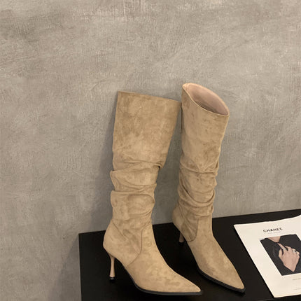 High-Heeled Pointed-Toe Khaki Suede Stacked Long Boots Women's Shoes 2025 Spring and Autumn Single Boots Slim Long Tube Riding Boots