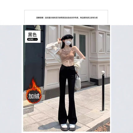 fleece-lined Black High Waist Micro-flare Jeans Women's Autumn and Winter New Slim-fit Warm Small Casual Flared Pants