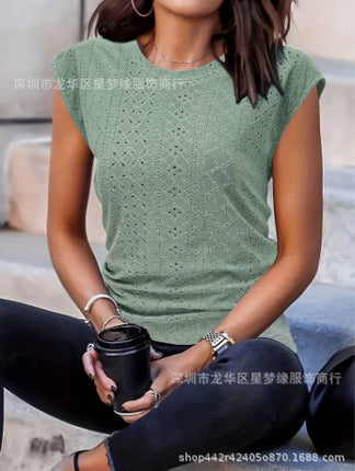 Amazon Independent Station Cross-border European and American Foreign Trade Women's Short-sleeved T-shirt US-size Needle-eye Hollow-out Crewneck Top