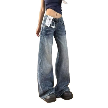 American Retro Creased Faded White Jeans for Women, Summer Low-Waist Slimming Loose Straight Wide-Leg Floor-Length Sycamore Pants