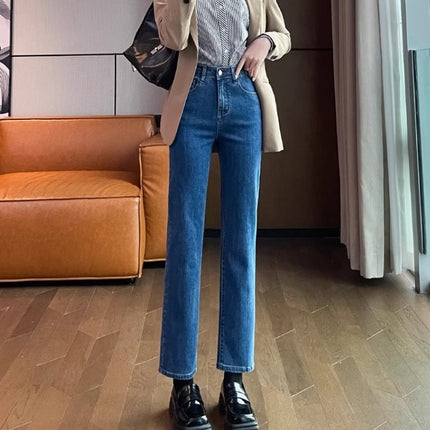 fleece-lined Thickened Narrow Cropped Straight Jeans Women's Trendy All-match High Waist Loose Slimming French Stick Pipe Pants