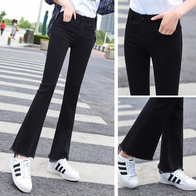 Black Flared Jeans for Women, Autumn and Winter Trendy Versatile New Style, Fleece-Lined, High-Waisted, Slim-Fit, Frayed Hem Bell-Bottom Pants