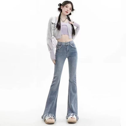 Vintage Tassel Micro-flared Jeans Women's Fashion All-match New High Waist Slimming Stretch Design Sense Trumpet Trousers