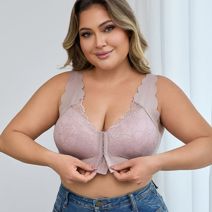 Cross-Border Front Buckle Large Size Lace Sexy Bra Push-Up Underwear Adjustable Wire-Free European and American Thin Bra for Women