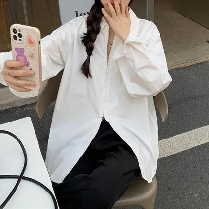 Shirt Women's Design Back Slit Spring Korean Style 2024 New Outer Wear Loose and Chic Long-sleeved Zipper Top