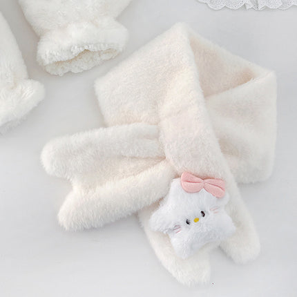 Cartoon Sweet Girl Pink Cat Scarf Winter Warm Thickeneded Cute Plush Windproof Student Scarf White