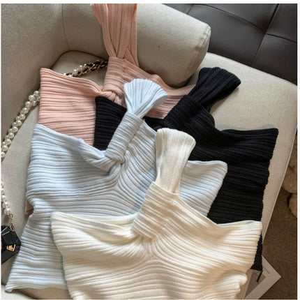 2025 New Summer Style Twist Design Sexy Hottie Style Vest Women's Off-Shoulder Slim Short Knitted Sleeveless Top