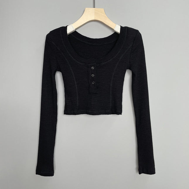 Real Shot Korean Dongdaemun Buckle Slim-fit Slim-fit Sexy Spice Girl Figure Short Long Sleeve T-shirt Top Women's Clothing