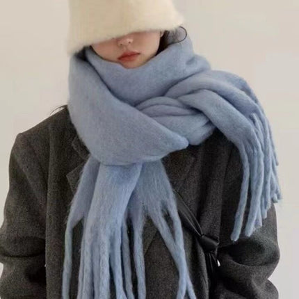 New Solid Color Mahair Scarf for Couple Winter Warm Thickened Korean-style All-match Student Long Girl Scarf