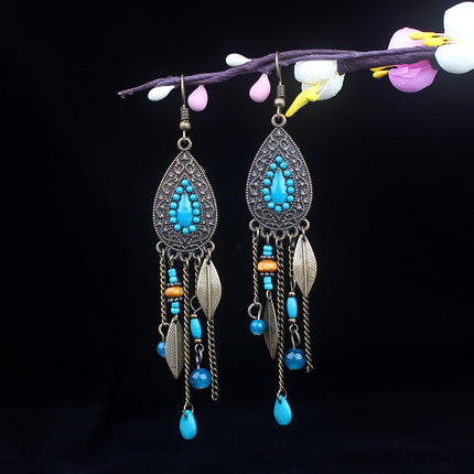 Bohemian Turquoise Earrings European and American Retro Owl Geometric Dreamcatcher Feather Tassel Earrings Women