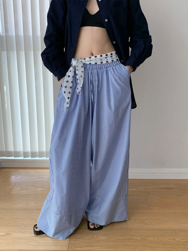 Dorothy's New Autum Product Blue Stripesd Relaxed Wear Stripesd Wide-Leg Pants Women's Loose Drawstring Casual Pants