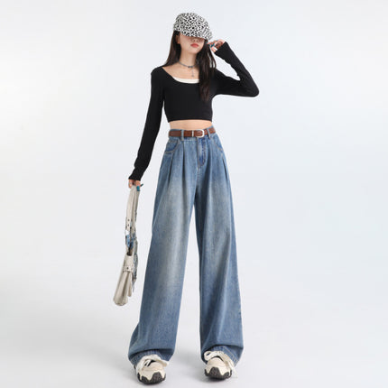 Korean Style Pleated Loose Wide Leg Jeans Women's 2024 Autumn New High Waist Drape Slimming All-match Straight Pants