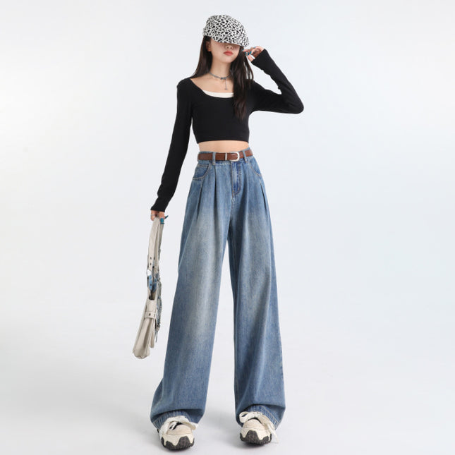 Korean Style Pleated Loose Wide Leg Jeans Women's 2024 Autumn New High Waist Drape Slimming All-match Straight Pants