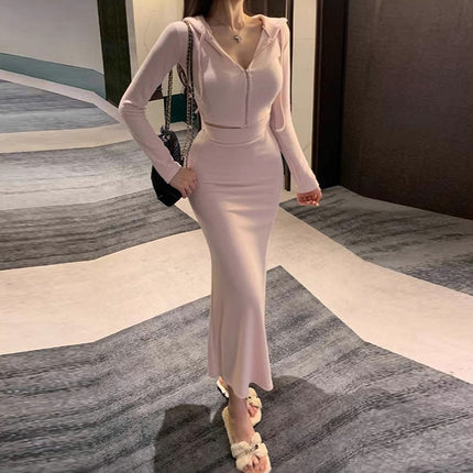 South Korea Dongdaemun Figure Fashion suit Slim-fit Sexy Short Hooded Jacket Hip Fishtail Dress Women