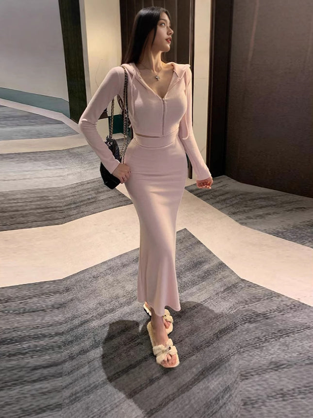 South Korea Dongdaemun Figure Fashion suit Slim-fit Sexy Short Hooded Jacket Hip Fishtail Dress Women