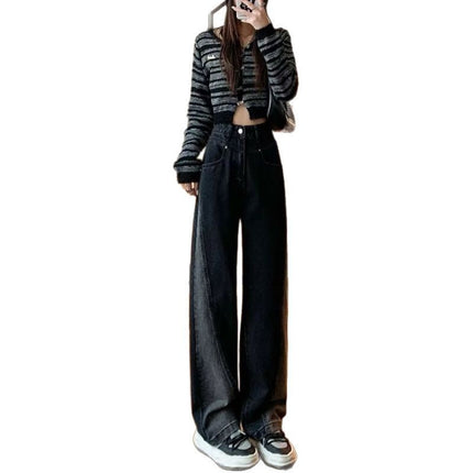 plus size Black Grey Wide Leg Jeans Women's Trendy All-match Stitching Contrast Color High Waist Dosing Narrow Straight Long Pants
