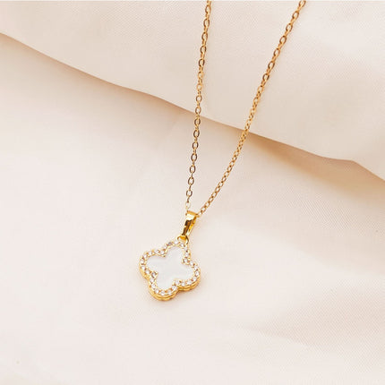 Light Luxury Double-sided Oil Drop Four-leaf Clover Necklace Women's Golden High-grade Micro-set Zircon Flower Pendant Clavicle Chain Accessories