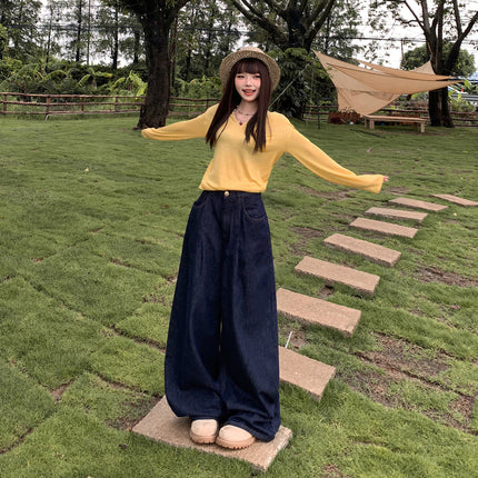 American-Style Dark Blue Drapey Wide-Leg Jeans for Women, 2025 Autumn and Winter New Straight Loose High-Waisted Slimming Floor-Length Pants