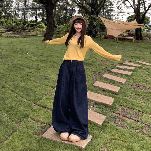 American-Style Dark Blue Drapey Wide-Leg Jeans for Women, 2025 Autumn and Winter New Straight Loose High-Waisted Slimming Floor-Length Pants