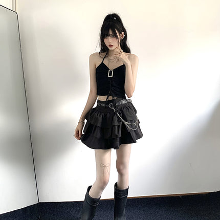 Summer hot girl waist cool tugging sister black sweet all-match puffy cake skirt a high waist short skirt