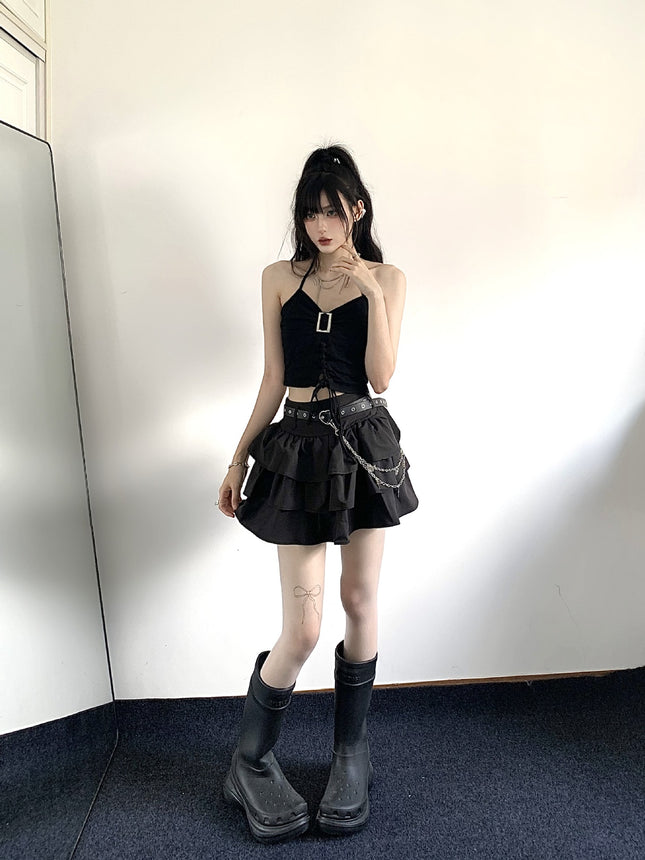 Summer hot girl waist cool tugging sister black sweet all-match puffy cake skirt a high waist short skirt