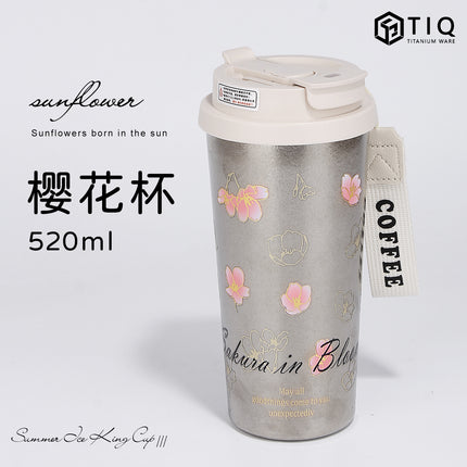 Pure Titanium Insulated Cup with Strap, Coffee Cup, Car-Mounted One-Handed Opening Lid, Antibacterial and Fresh-Keeping Titanium Cup, Fully Titanium Car-Mounted Portable