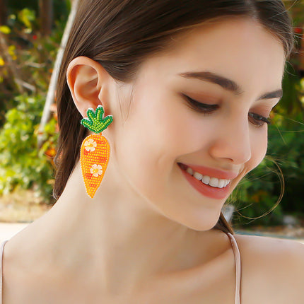 Easter Retro Style Creative Accessories Carrot Earrings High-End Green Leaf Rice Beads Sequin Hand-Woven Earrings