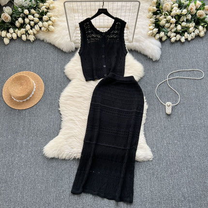 Korean Style Outfit with Elegant and Light Hollow Knitted Cardigan Vest and High-Waisted Half Skirt Holiday Style Two-Piece Set