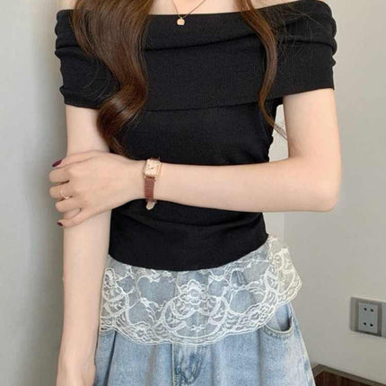 Green off-shoulder short-sleeved top women's dopamine in early summer is beautiful and beautiful and pure waist T-shirt