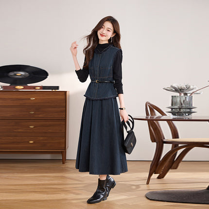 Denim suit Women 2024 Autumn New Temperament Goddess Fan Slimming French Style Chanel Style Commuter Skirt Three-Piece Set