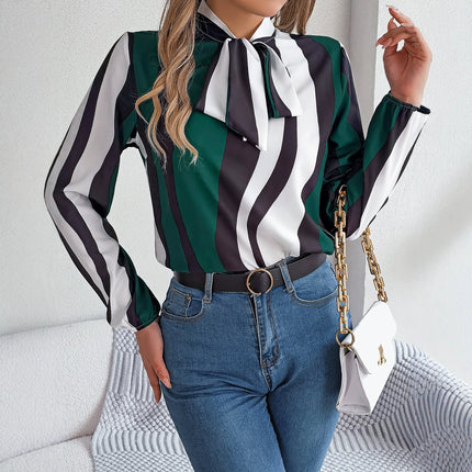 Real shot spring and summer new elegant contrast color striped lace-up lantern sleeve chiffon shirt top Amazon cross-border women's clothing