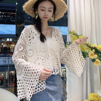 Seaside Vacation Cardigan, Beach Cover-up, Sweet Hottie Outfit, Crocheted Cut Out Sun Protection, Thin Lace Cardigan for Women