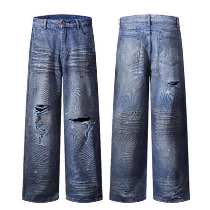 Ottb Men's Clothing | American-Style Vintage Ripped Loose Straight-Leg Floor-Length Jeans for Men, Spring Casual Pants.