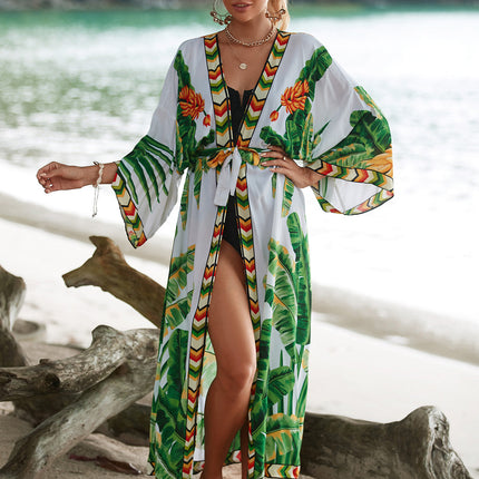 2023 New European and American Cotton Print Beach Jacket Sexy Sun Protection Cardigan Holiday Bikini Overshirt Women