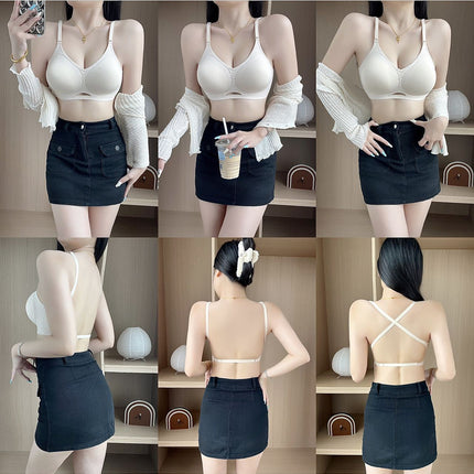 Summer Outer Expansion U-Shaped Back Bra for Women Without Rims, Sexy Shoulder Straps, Cross Halter Style, Jelly Peach Soft Support